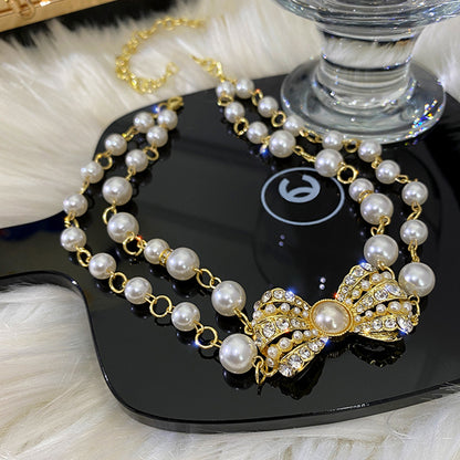 Vintage Court Style Double-layered Pearl Necklace With Diamonds