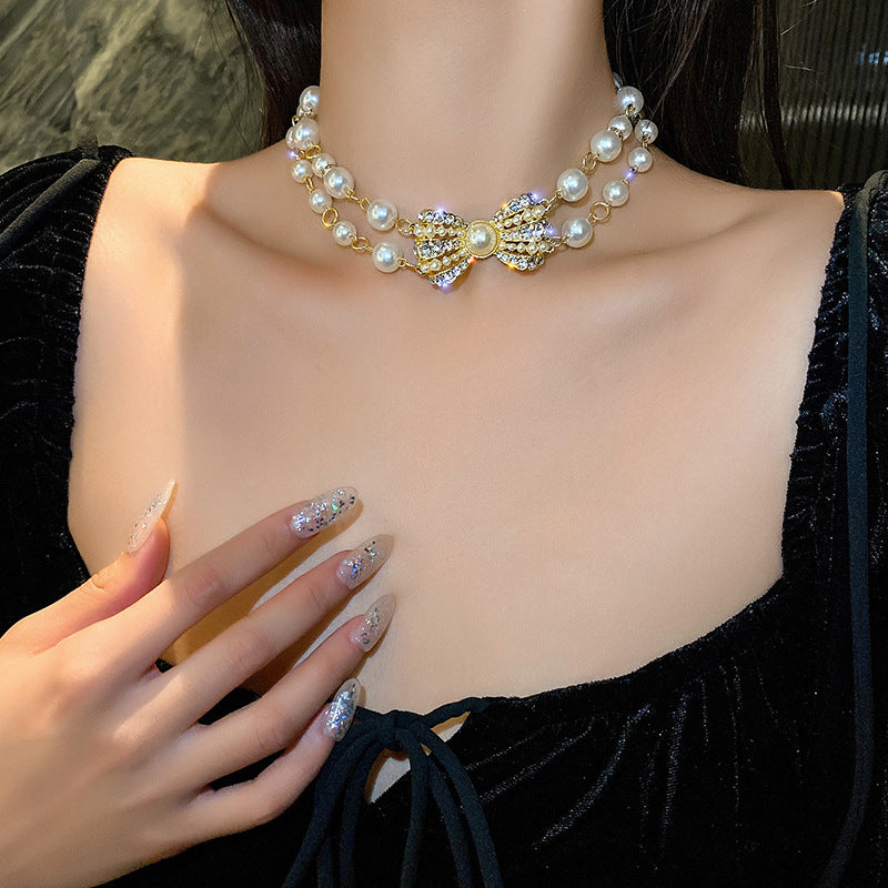 Vintage Court Style Double-layered Pearl Necklace With Diamonds