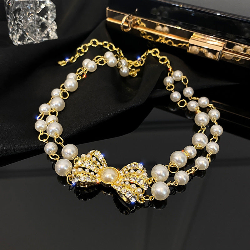 Vintage Court Style Double-layered Pearl Necklace With Diamonds