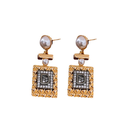 French Antique Silver Pin Earrings, Zirconia Square Letter Pearl Earrings