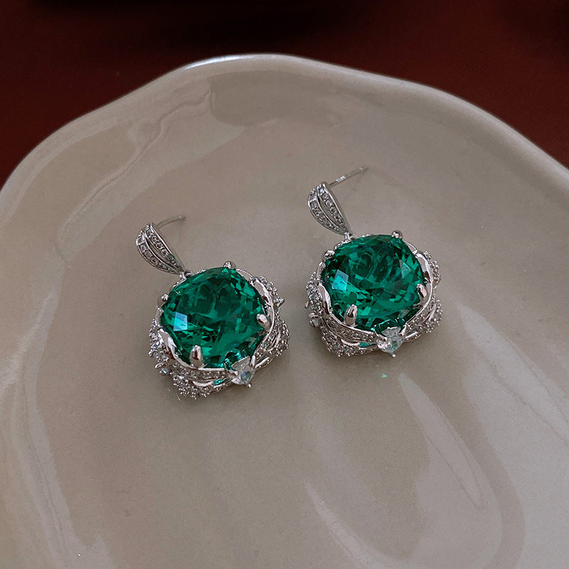 Emerald Silver Pin Zirconia Earrings, Vintage Square Earrings, Niche Earrings