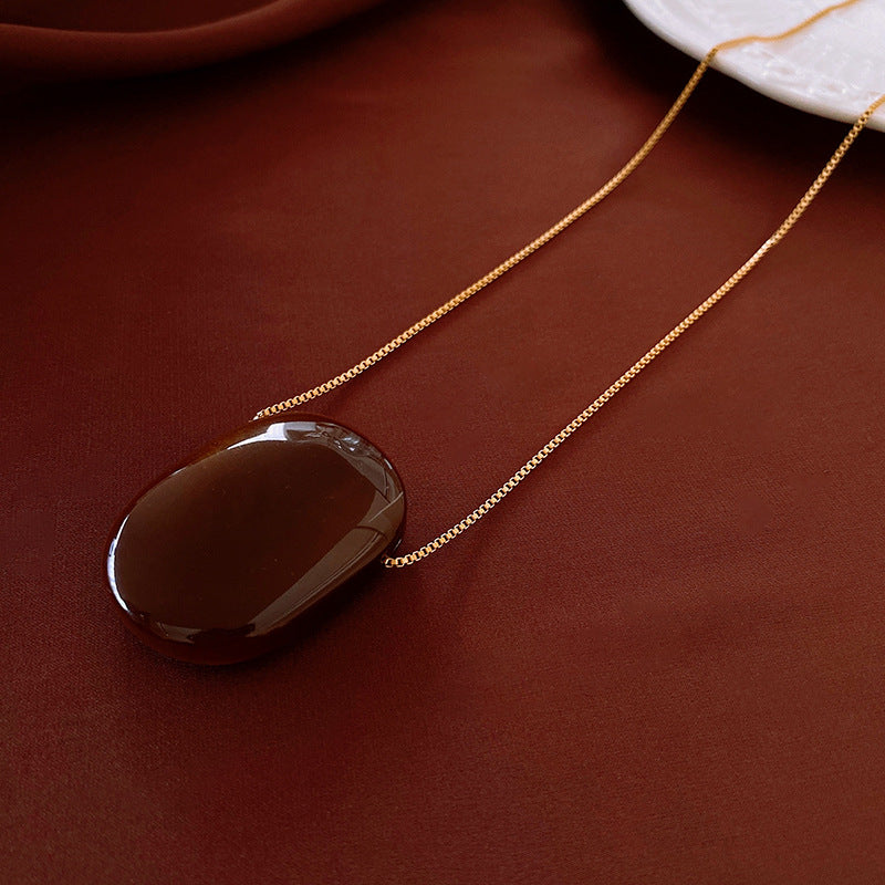 Glossy Oval Pendant Necklace, Vintage Sweater Chain