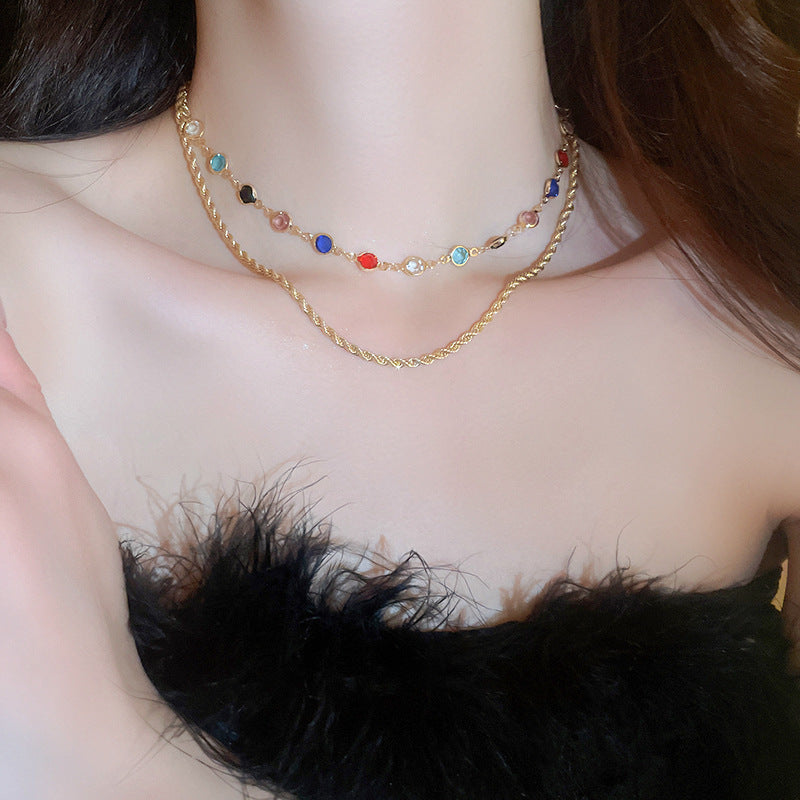 Zirconia Double Layers Necklace, Vintage Temperament Collarbone Chain