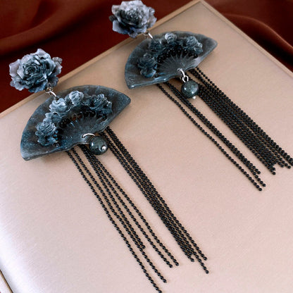 New Chinese Silver Needle Flower Fan Earrings, Tassel Earrings Ancient Style Ink Painting Earrings