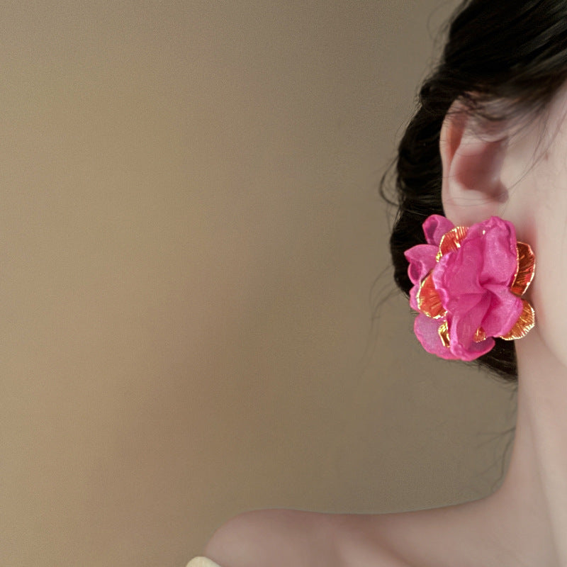 Silver Needle Flower Earrings, Mesh Geometric Earrings