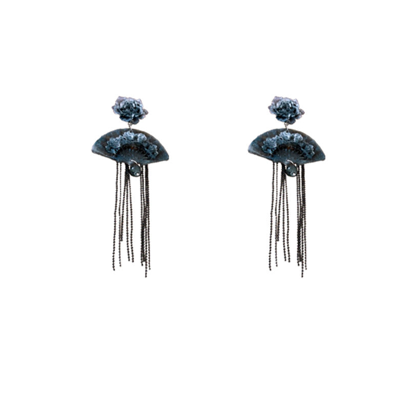 New Chinese Silver Needle Flower Fan Earrings, Tassel Earrings Ancient Style Ink Painting Earrings