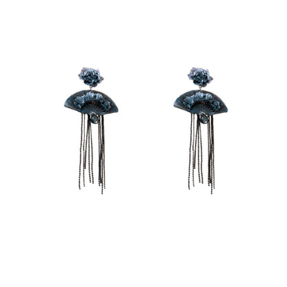 New Chinese Silver Needle Flower Fan Earrings, Tassel Earrings Ancient Style Ink Painting Earrings