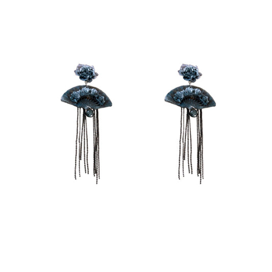 New Chinese Silver Needle Flower Fan Earrings, Tassel Earrings Ancient Style Ink Painting Earrings