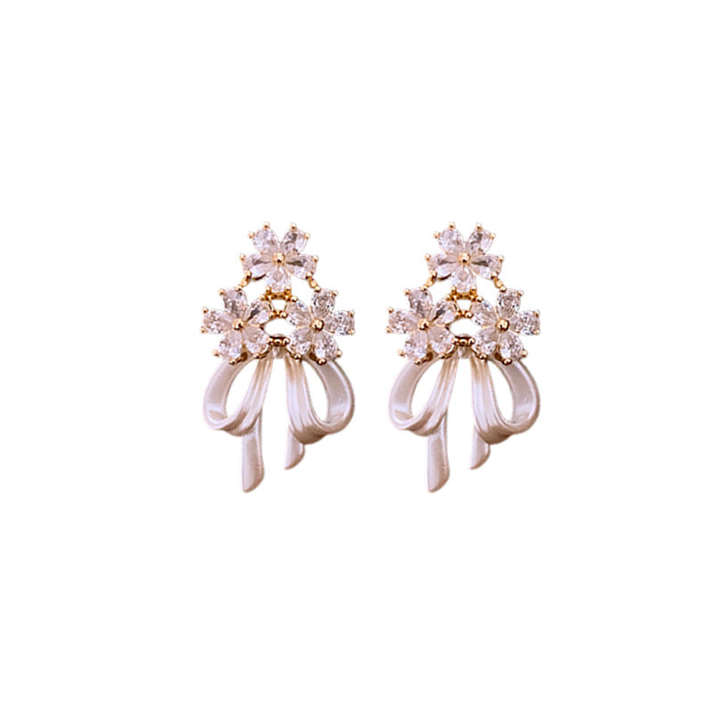 Genuine Gold Plated Silver Pin, Zirconia Flower With Bow Earrings, Fairy Earrings Stud Earrings