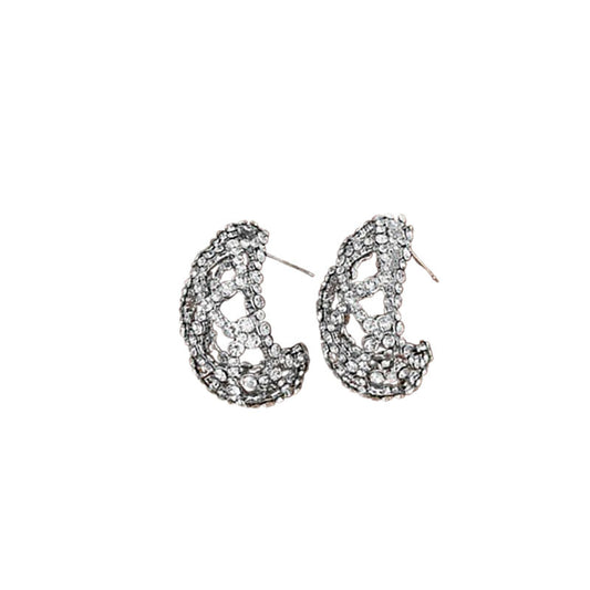 Silver Pin Earrings With Diamonds, C-shaped Openwork Earrings