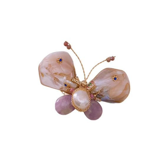 Antique Zirconia Butterfly Flower Brooch, Freshwater Pearl Brooch, Baroque Vintage Corsage Flower