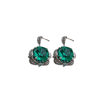 Emerald Silver Pin Zirconia Earrings, Vintage Square Earrings, Niche Earrings