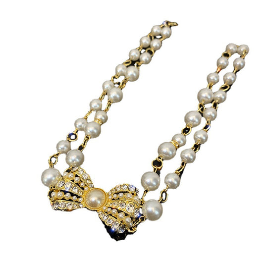 Vintage Court Style Double-layered Pearl Necklace With Diamonds