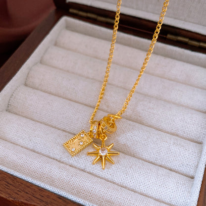 Genuine Gold Plated Necklace, Zirconia Sun Square Necklace