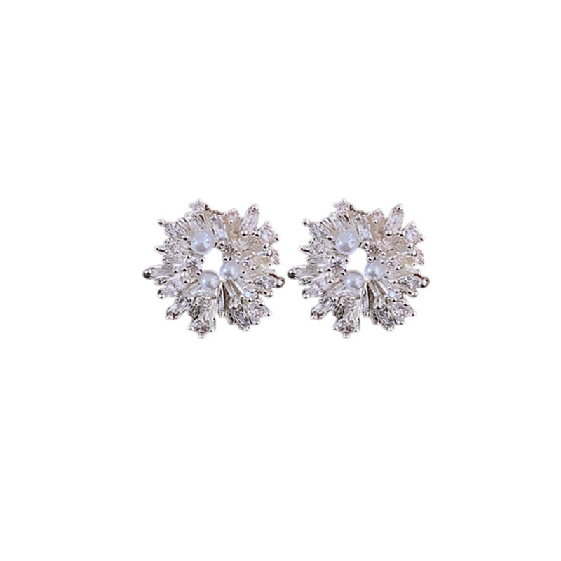 Silver Needle Zirconia Firework Pearl Earrings, Vintage Earrings