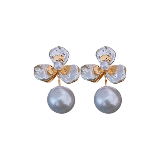 Genuine Gold Plated Silver Pin Earrings With Pleated Floral Pearl Earrings