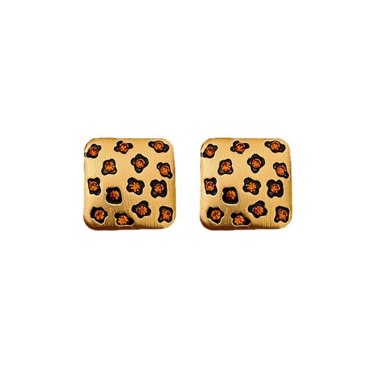 Silver Pin Earrings With Diamonds, Square Brushed Leopard Earrings