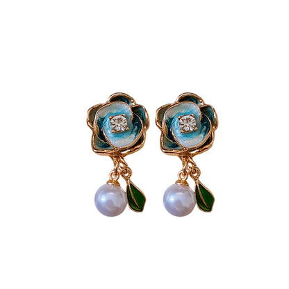 Silver Pin Earrings With Diamonds And Oil-dripping Flower And Pearl Earrings