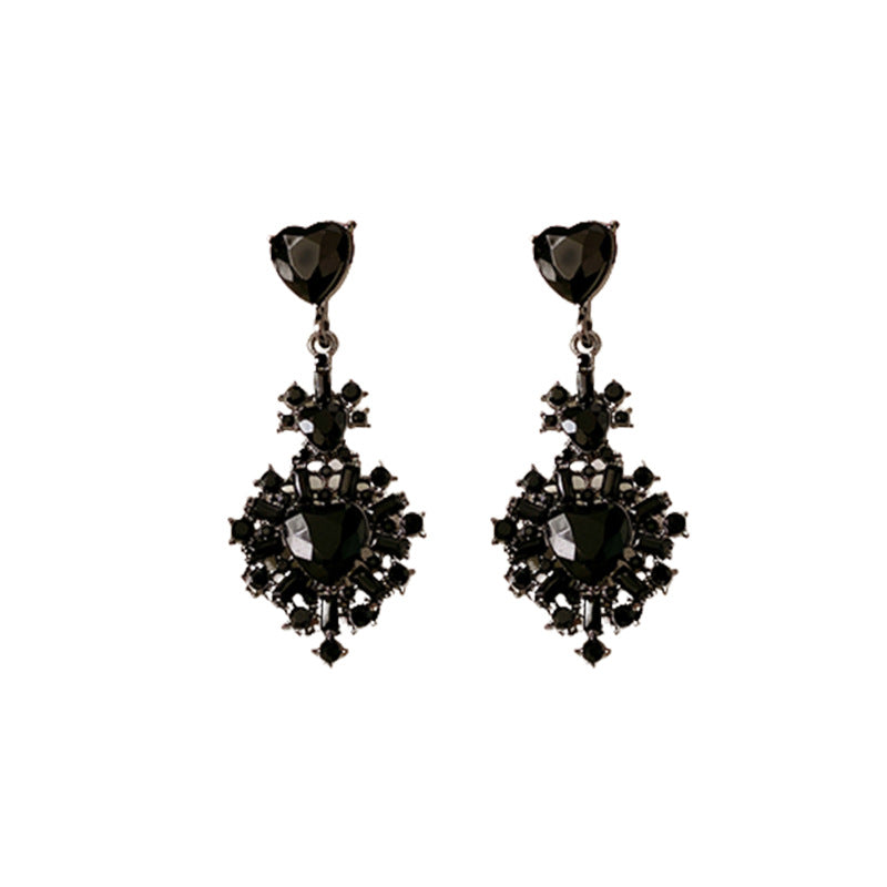 Silver Pin And Diamond Earrings, Black Heart Tassel Earrings, Vintage Niche Earrings