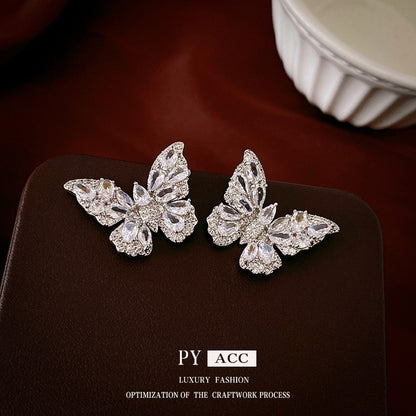 Silver Needle Zirconia Butterfly Earrings, Niche Design Earrings