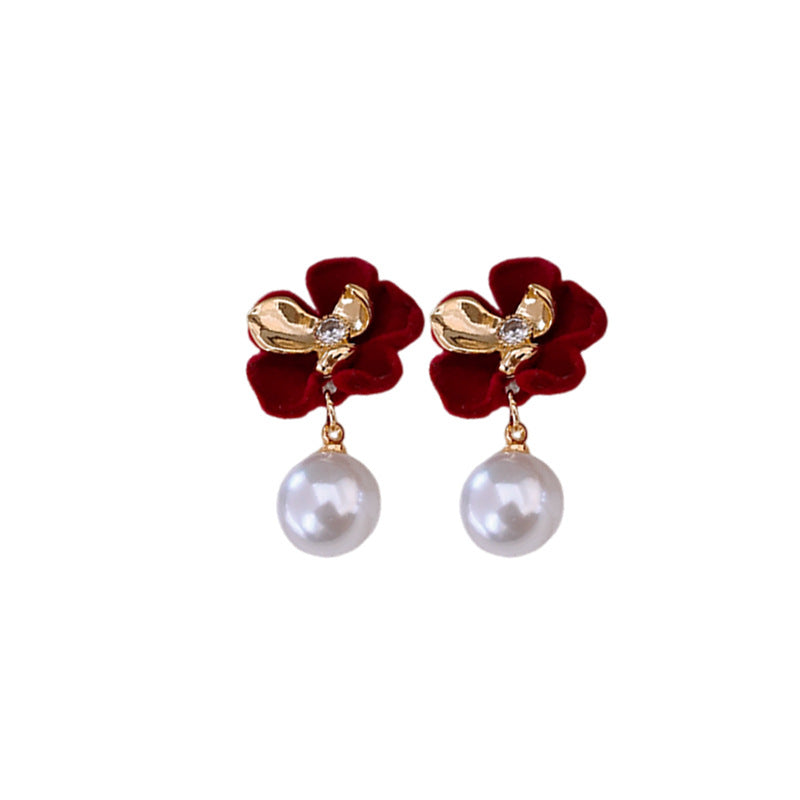 Silver Needle Zirconia Flocked Flower Pearl Earrings