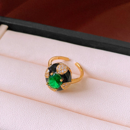 Genuine Gold Plating Ring, Zircon Drip Oil Oval Ring, Antique Court Style Index Finger Ring