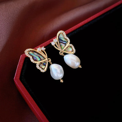 Genuine Gold Plated Earrings, Butterfly Freshwater Pearl Earrings, French Vintage Earrings