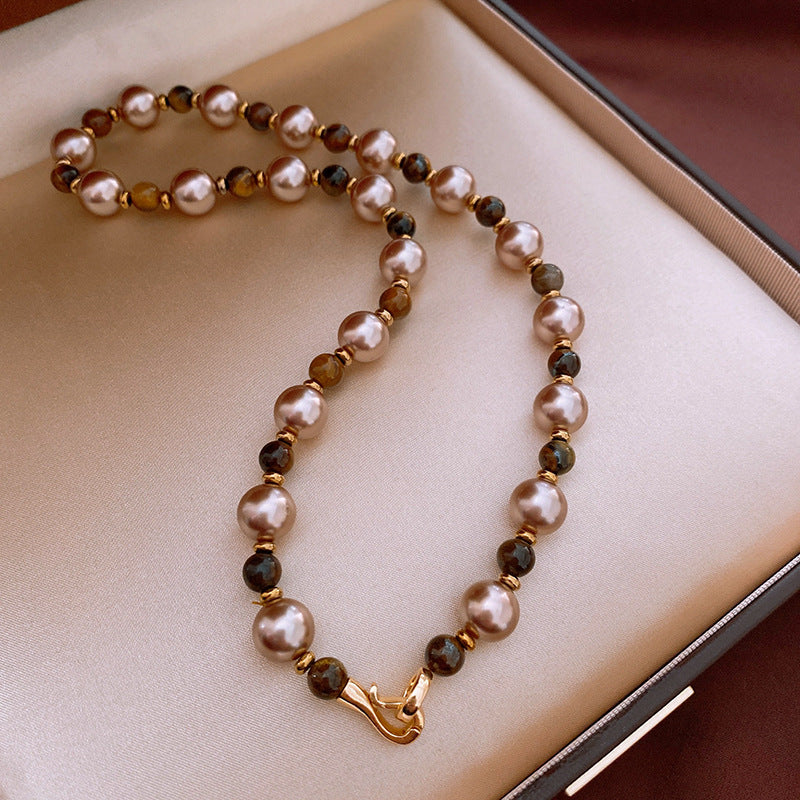 Murad Artificial Tiger Eye Necklace, Pearl Necklace, Vintage Sweater Chain