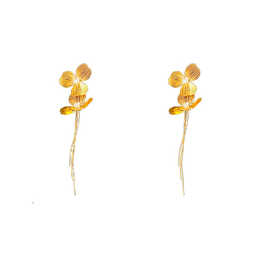 Genuine Gold Plated Earrings, Silver Pin Openwork Flower Tassel Earrings, Niche Metal Earrings