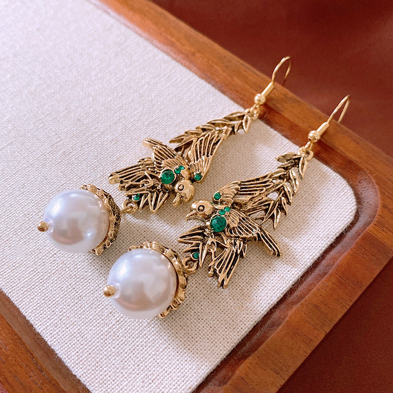 Diamond Leaf Earrings, Bird Pearl Earrings, Vintage Ear Hooks