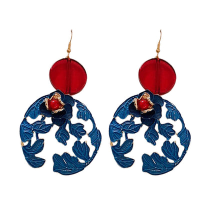 Chinese Baked Lacquer Earrings, Round Flower Earrings