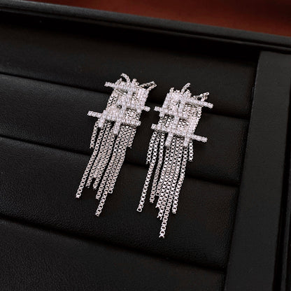 Genuine Gold Plated Silver Pin Earrings, Zirconia Tassel Earrings