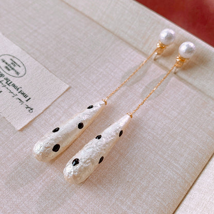 Silver Needle Polka Dot Drop Earrings, Pearl Tassel Earrings, Vintage Earrings