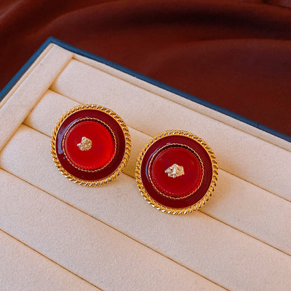 Antique Encore Red Silver Pin Earrings, Round Earrings