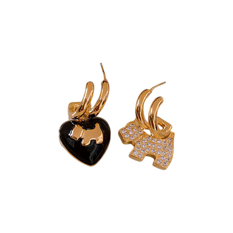 Genuine Gold Plated Silver Pin Earrings, Zirconia Heart Asymmetric Earrings