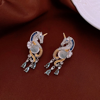 Silver Needle Zirconia Unicorn Earrings, Niche Design Earrings