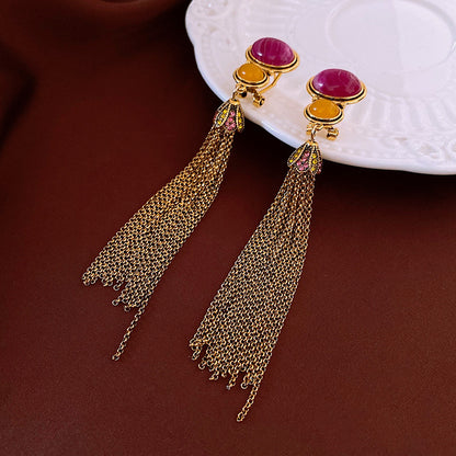 Antique Silver Pin Earrings With Diamonds, Oval Tassel Earrings