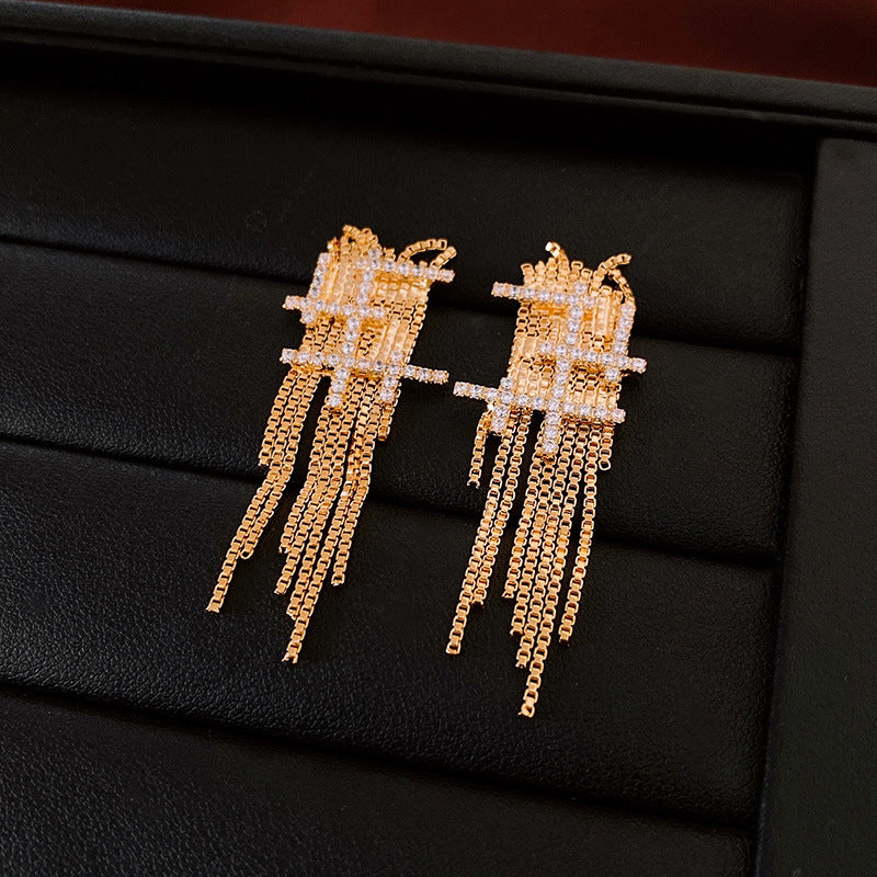 Genuine Gold Plated Silver Pin Earrings, Zirconia Tassel Earrings