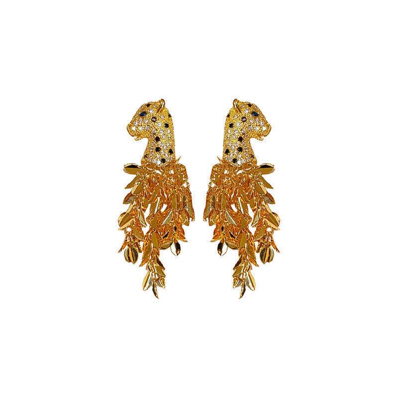 Silver Needle Zirconia Leopard Head Earrings, Tassel Earrings