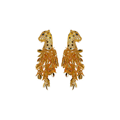 Silver Needle Zirconia Leopard Head Earrings, Tassel Earrings