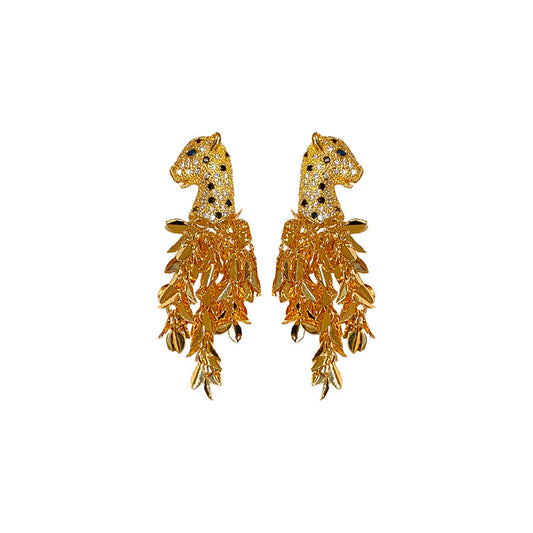 Silver Needle Zirconia Leopard Head Earrings, Tassel Earrings