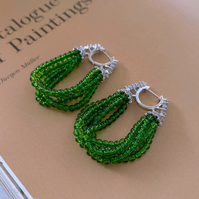 Green Zirconia Earrings, New Chinese Beaded Tassel Earrings, Vintage Premium Earrings