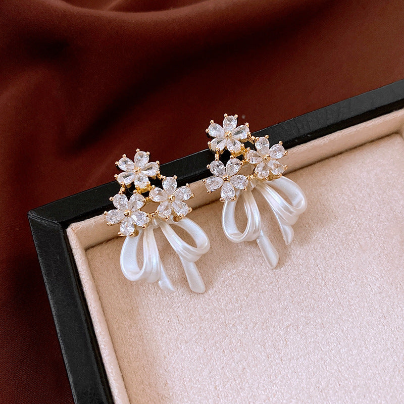 Genuine Gold Plated Silver Pin, Zirconia Flower With Bow Earrings, Fairy Earrings Stud Earrings