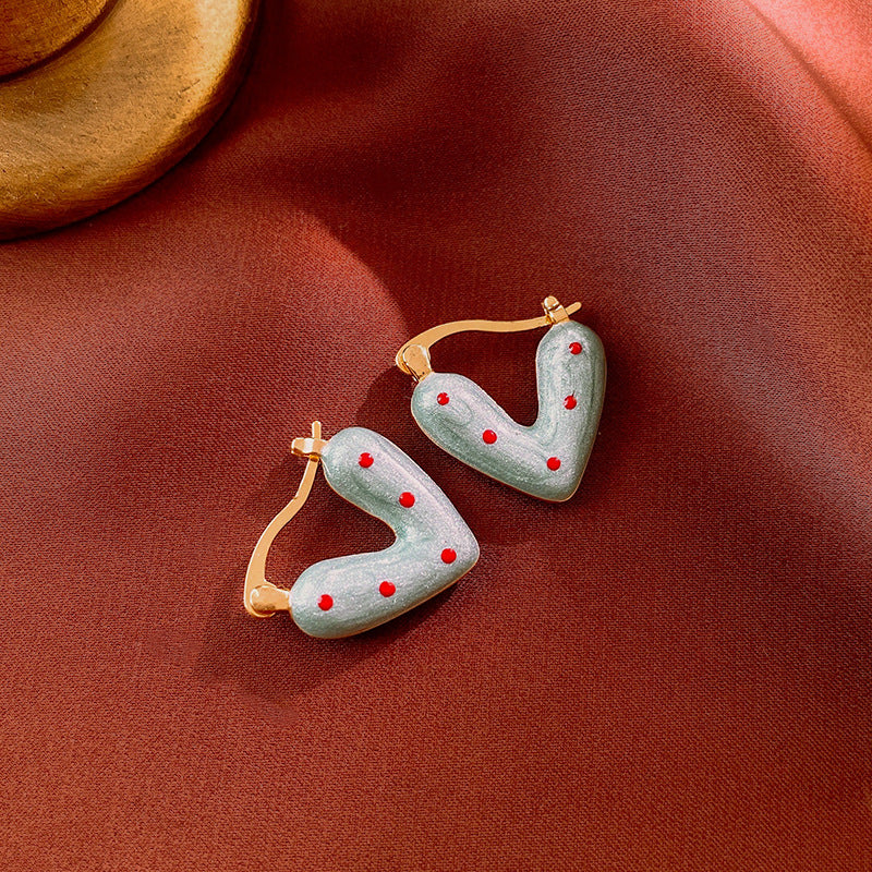 Silver pin earrings, oil drip polka dot heart earrings, sweet and cute earrings