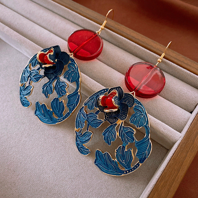 Chinese Baked Lacquer Earrings, Round Flower Earrings