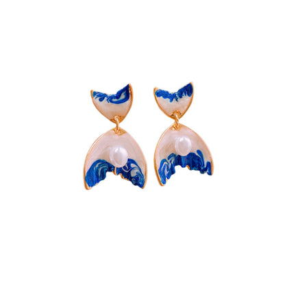 Silver Needle Cloisonné Drip Oil Fishtail Earrings, Artificial Pearl Design Stud Earrings