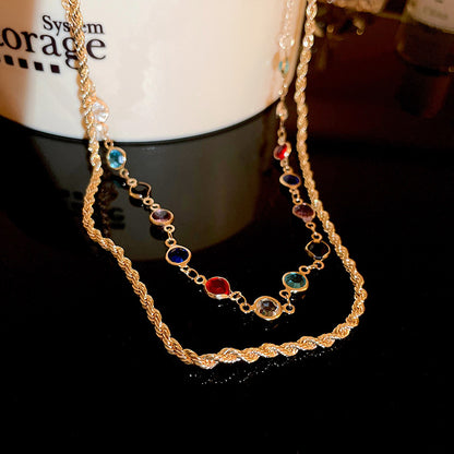 Zirconia Double Layers Necklace, Vintage Collarbone Chain