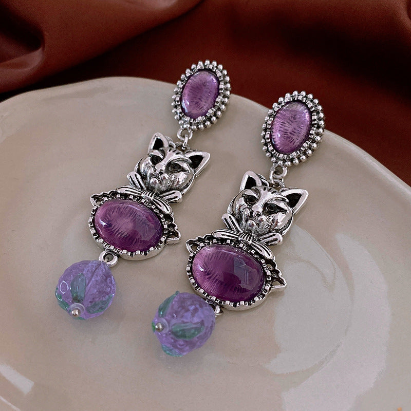 Silver Pin and Diamond Earrings, Purple Oval Kitten Earrings