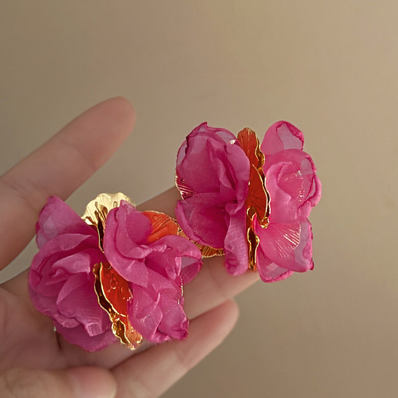 Silver Needle Flower Earrings, Mesh Geometric Earrings