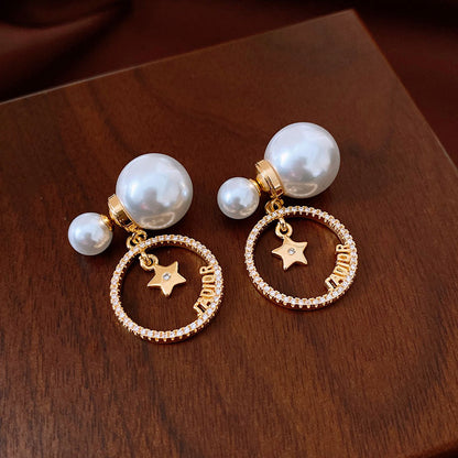 Genuine Gold Plated Earrings With Silver Pin Zirconia Star Pearl Earrings